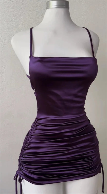Sexy Sleeveless Backless Bodycon Mini Dress Women Summer Satin Lace Up Party Club Dresses Streetwear Evening Black Y2K 2025 Robe PURPLE