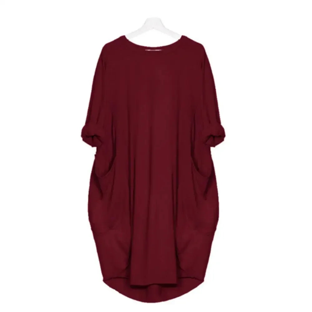 Women Casual Loose Dress with Pocket Fashion Ladies Solid Dress Women's O Neck Long Tops T Shirt Dress Streetwear Plus Size winered