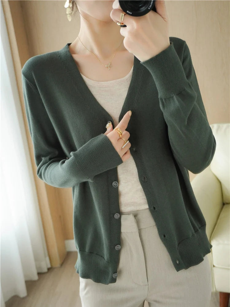 100% Cotton Line Long Sleeve V-Neck Knitted Cardigan Women Loose Short Solid Color Simple Sun Protection SMY K61
