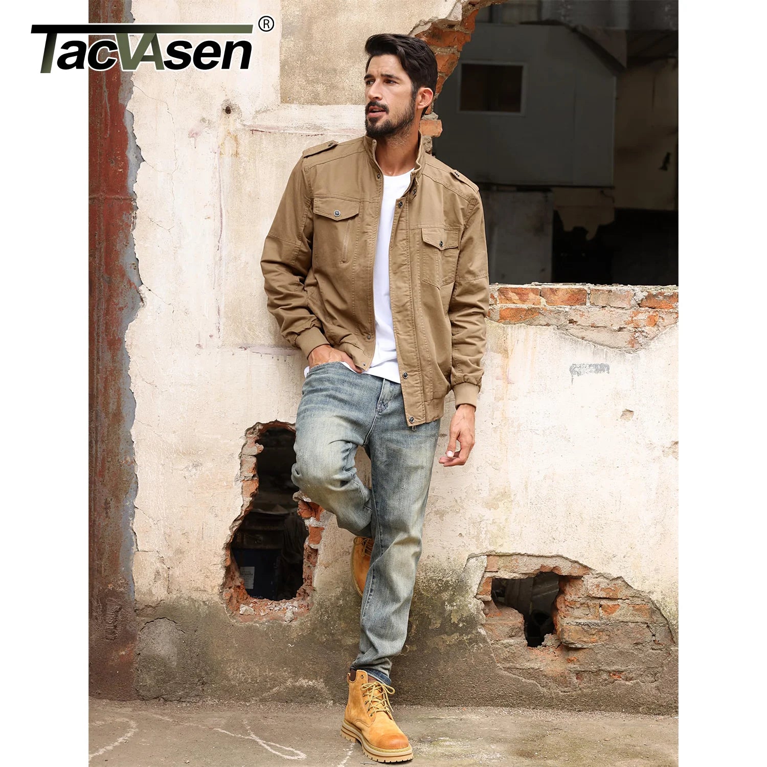 TACVASEN Full Zip Cargo Jacket Mens Retro Stand Collar Pilot Jacket Spring Autumn Lightweight Bomber Jacket Casual Outwear