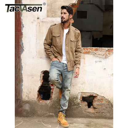 TACVASEN Full Zip Cargo Jacket Mens Retro Stand Collar Pilot Jacket Spring Autumn Lightweight Bomber Jacket Casual Outwear