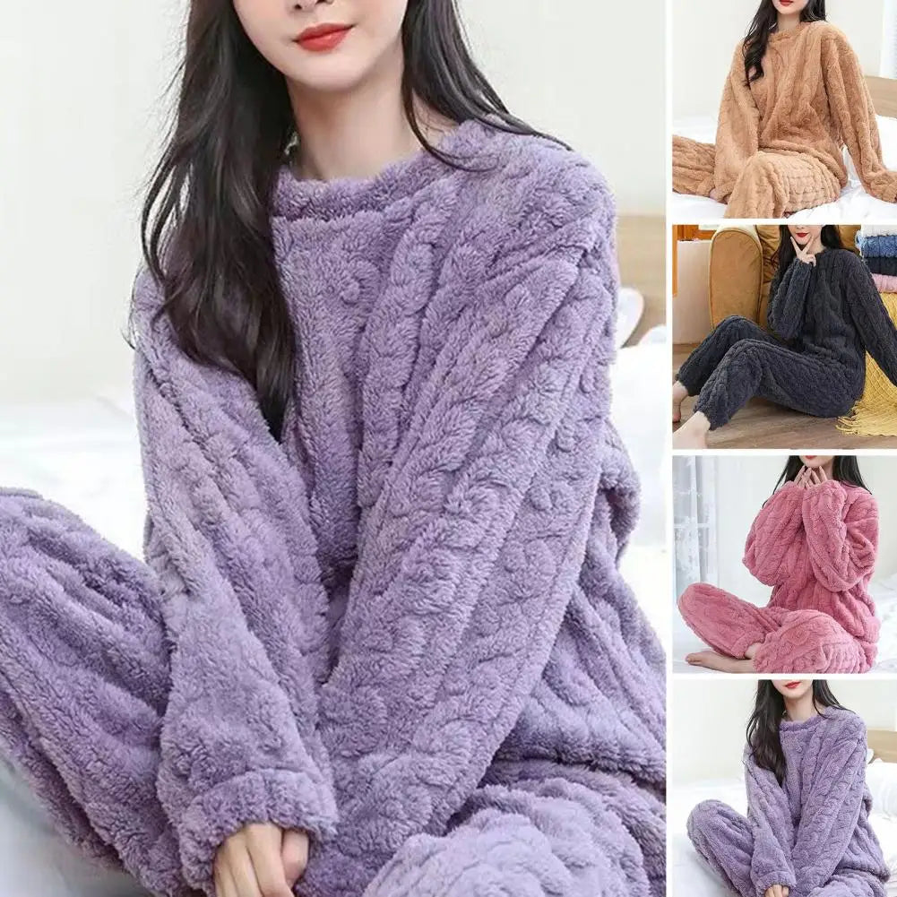 Women Warm 2 Piece Sets Thicken Soft Velvet Ribbed Fleece Set Pullover And Pants Casual Pajama Sets Women Autumn Winter 2023