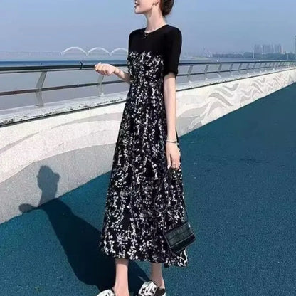 2024 New Summer Korean Version Elegant and Loose Floral Dress Short Sleeved Printed Patchwork Bandage for Women's Long Dress