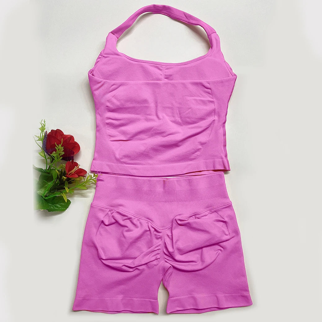 two piece DF yoga clothing set outfits woman yoga Impact Halter Top and spors shorts 4.5 inch Gym workout sets pilates clothes Badiee Stylez