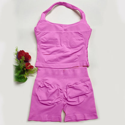 two piece DF yoga clothing set outfits woman yoga Impact Halter Top and spors shorts 4.5 inch Gym workout sets pilates clothes Badiee Stylez