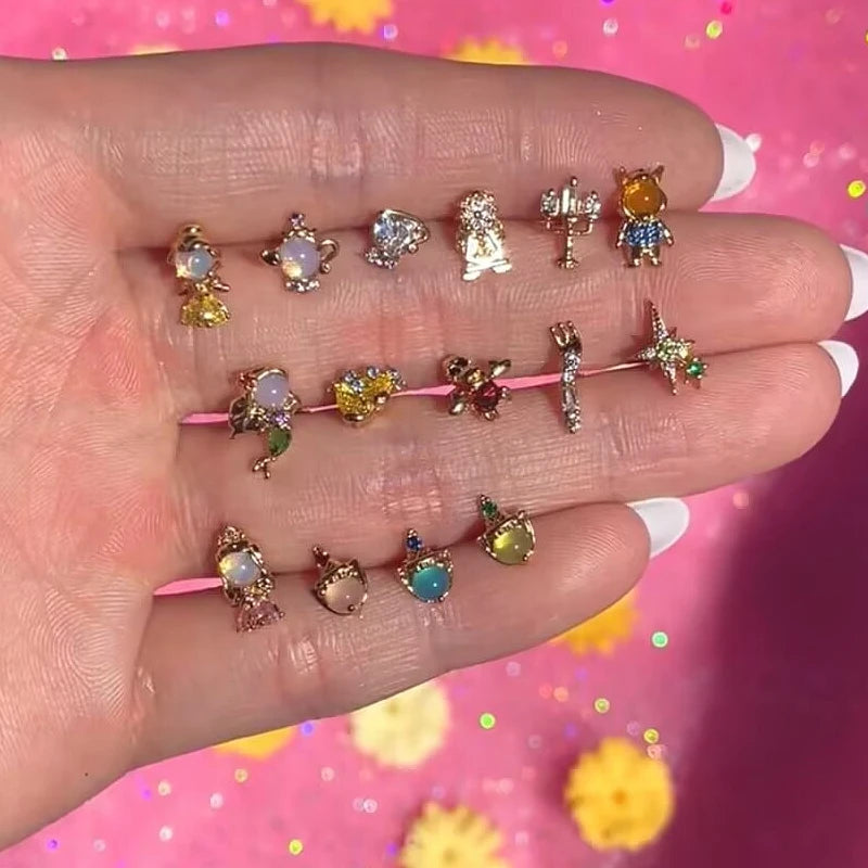 MIGGA 4pcs Cubic Zircon Cartoon Stud Earrings Set for Women Girls Gold/Silver Plated Crystal Jewelry