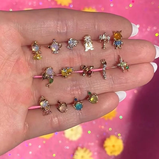 MIGGA 4pcs Cubic Zircon Cartoon Stud Earrings Set for Women Girls Gold/Silver Plated Crystal Jewelry