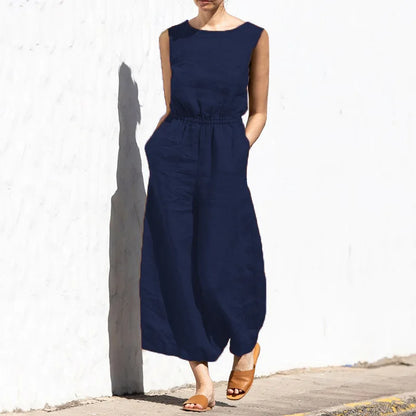 Elegant Solid Cotton Linen Women Jumpsuit Fashion Button O Neck Sleeveless Pocket Jumpsuits Ladies Elastic Waist Office Clothing DEEP BLUE