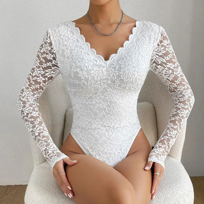 Slim Fit Bodysuit Elegant Lace Embroidered Bodysuit Deep V Neck Long Sleeve Playsuit Women's Slim Fit Spring Romper Lace