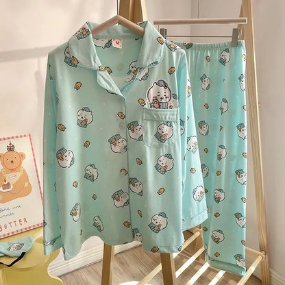 Kawaii Chiikawa Anime Pajamas Cartoon Usagi Hachiware Cute Girls Long Sleeves Long Pants Spring Autumn Student Home Clothes Set D