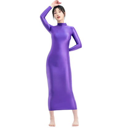 XCKNY Glossiness Series dress high neck long sleeve skirt silk longuette elastic silk tight skirt sports skirt sexy tight dress