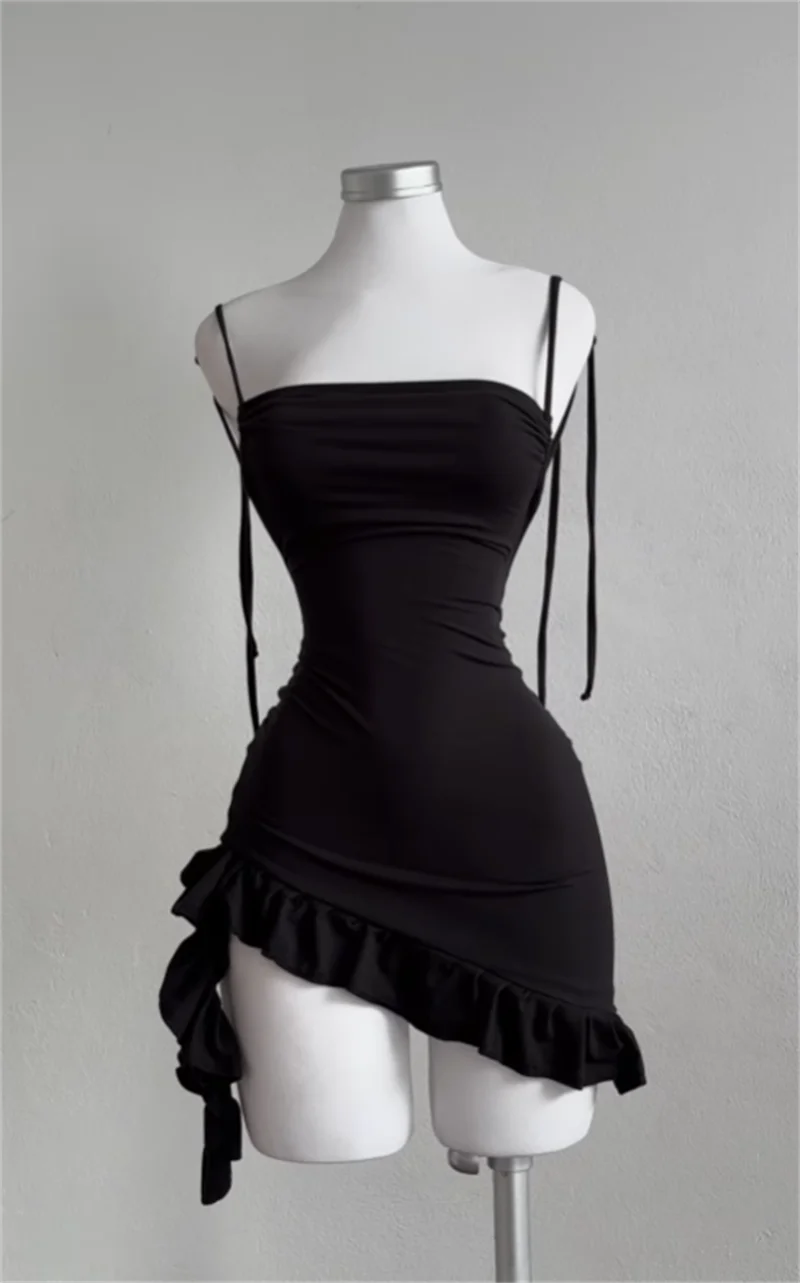 Sleeveless Backless Ruffles Mini Dress Women Summer Y2K Lace Up Black Bodycon Dresses Party Club Streetwear 2025 New Sundress black