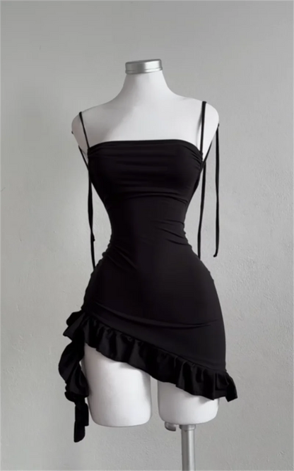 Sleeveless Backless Ruffles Mini Dress Women Summer Y2K Lace Up Black Bodycon Dresses Party Club Streetwear 2025 New Sundress black