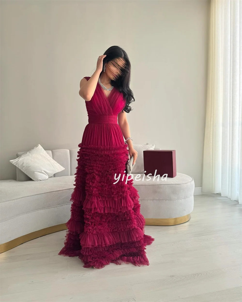 Customized Fashion Classic Tulle Pleat Ruched Tiered A-line V-neck Long Dresses Bespoke Occasion Dresses Matching Exquisite Badiee Stylez