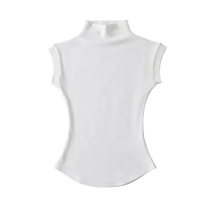 Women Summer Sexy Turtleneck Sleeveless T-Shirts Tops Solid Slim Fit Pullovers Causal Tees Shirts Female Streetwear Basics Tees WHITE