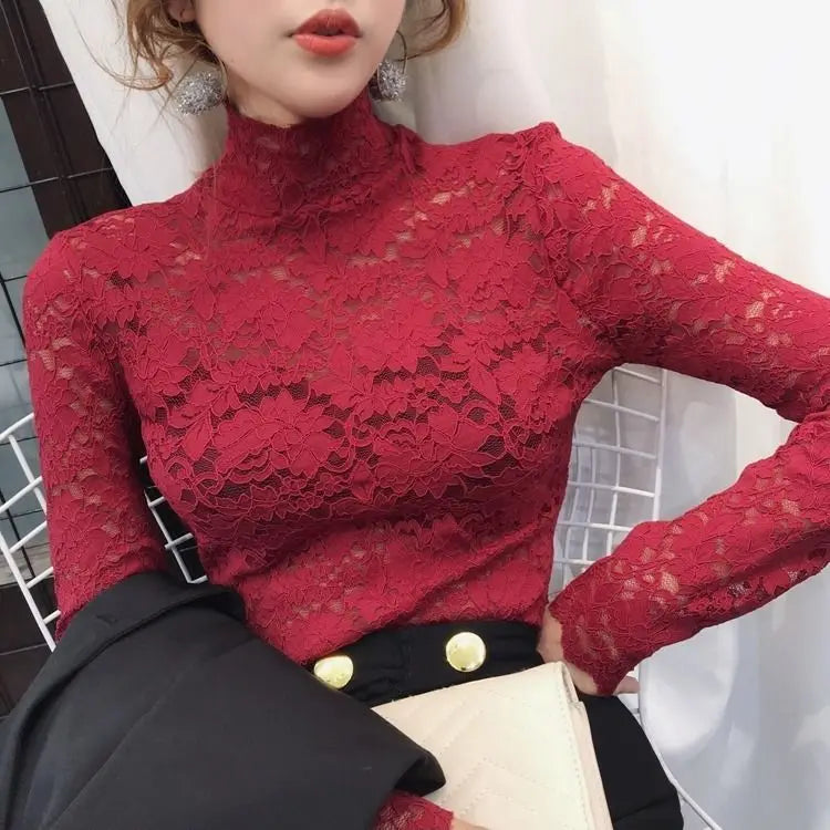 Autumn Women Thin Black Lace T shirt Sexy Turtleneck Long Sleeve Slim Lace Crochet Patchwork Tee Tops WDC6074 Wine red