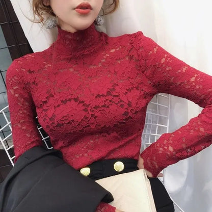 Autumn Women Thin Black Lace T shirt Sexy Turtleneck Long Sleeve Slim Lace Crochet Patchwork Tee Tops WDC6074 Wine red