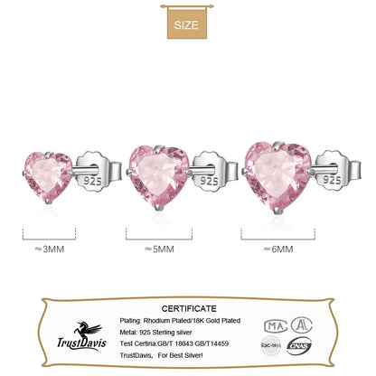TrustDavis Real 925 Sterling Silver Earrings Cute Pink Heart Charm Shiny CZ Stud Earrings for Women Kids Teen Jewelry DS3731