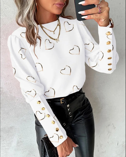 Fashion Long Sleeved Button Printed Blouse T Shirt Women's Spring Autumn Simple Pullover Top A3