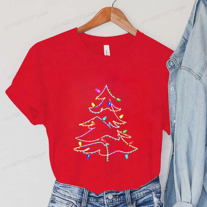Women's Casual T-Shirts Christmas Lights Xmas Tree Print T-Shirt Christmas Party Design Tops Short Sleeve Ladies T Shirts Tops