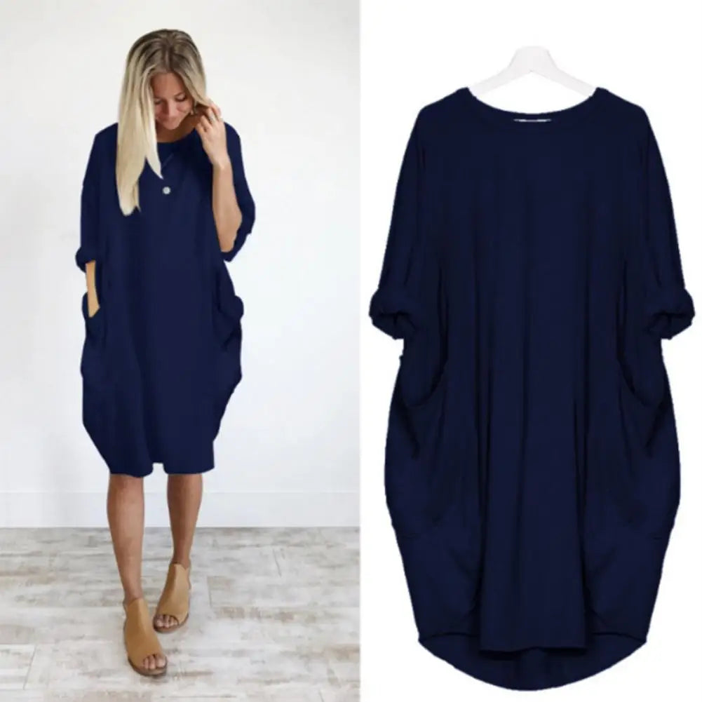 Women Casual Loose Dress with Pocket Fashion Ladies Solid Dress Women's O Neck Long Tops T Shirt Dress Streetwear Plus Size