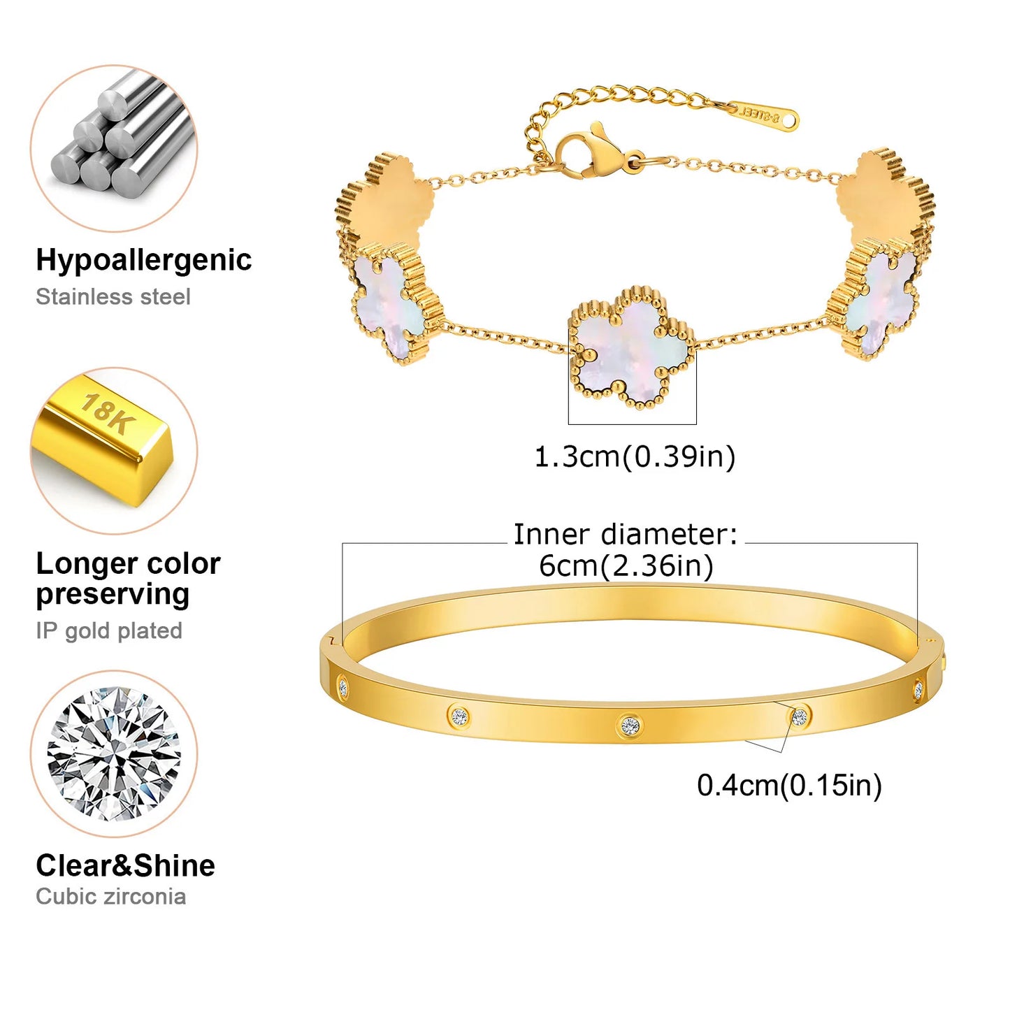 Vnox Exquisite 13mm Clover Bracelet Set for Women, Love Gift Bracelets for Wife Mothers Day Jewelry, Stainless Steel Cuff Bangle Badiee Stylez