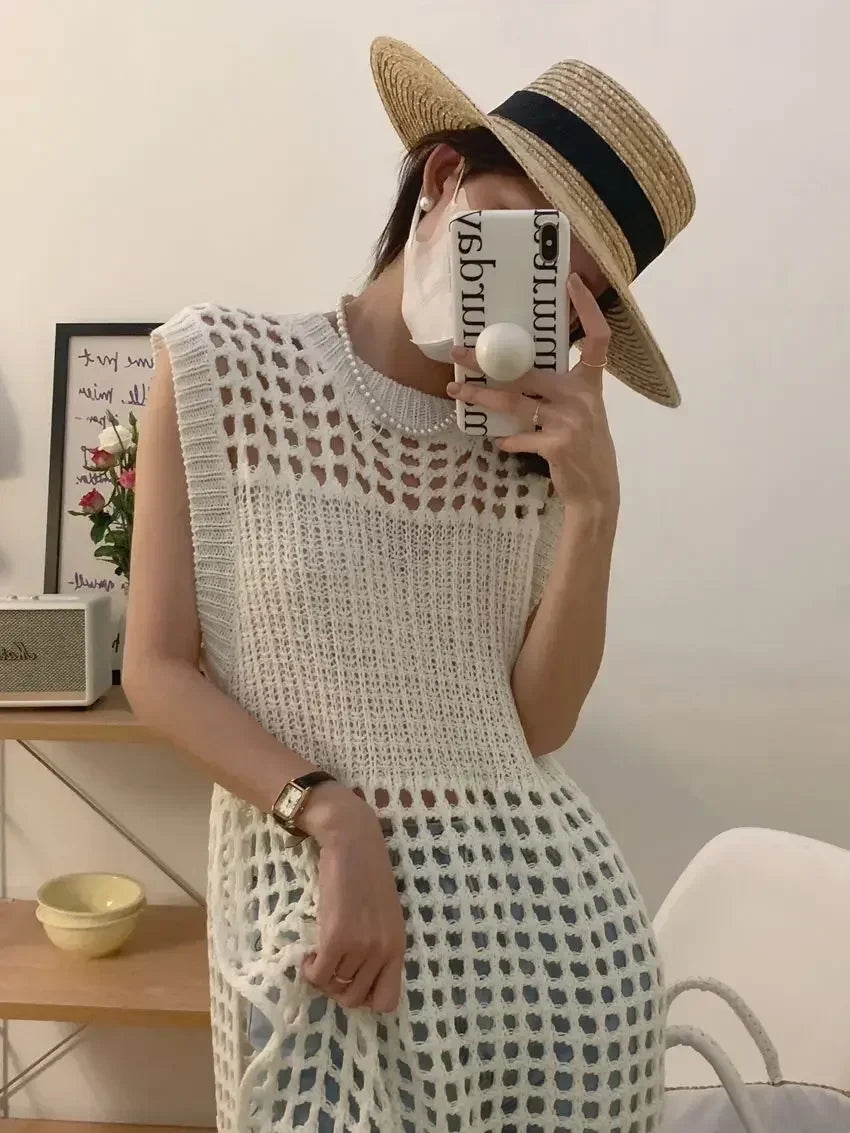 TKNOLEGE Knitted Dress Hollow French Style Fashion O-neck Out Design Sleeveless Solid Casual Tender Holiday Chic Ladies Dress ﻿