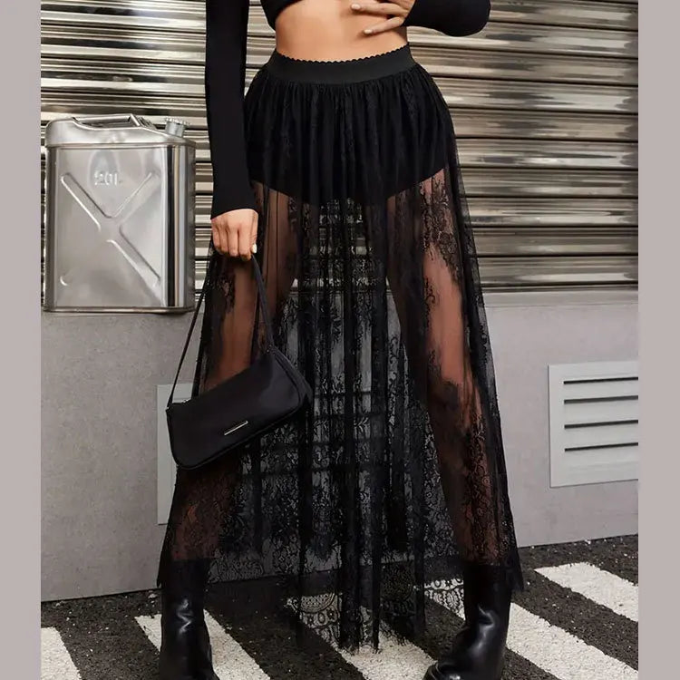 Y2k Black Mesh Long Gothic Skirt Women 2025 Summer High Waist Transparent Maxi Skirt With Shorts Lady Sexy White Lace Goth Skirt