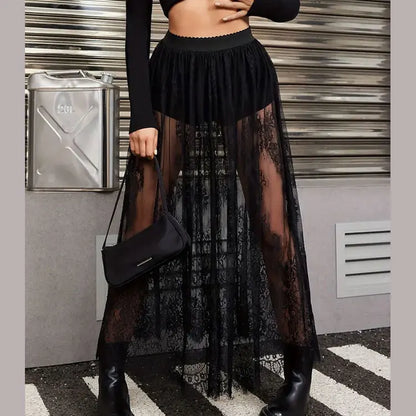 Y2k Black Mesh Long Gothic Skirt Women 2025 Summer High Waist Transparent Maxi Skirt With Shorts Lady Sexy White Lace Goth Skirt