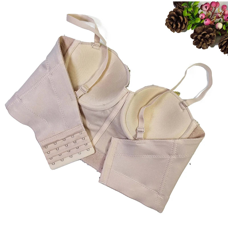 Flower Embroidery Bead Fish Bone Suspender Women Bra Sexy Exposed Waist Metal Buckle Top Party Vacation Female Tops 2025 Summer
