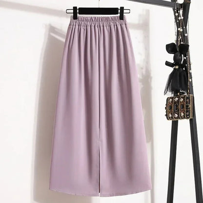 2025 Summer Female Fashionable Versatile Solid Skirts High Waisted Mid Length A-line Plus Size Skirt Split Wrap Body Skirt