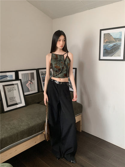 CHEERART Flocking Floral Vintage Crop Cami Top For Women 2024 Sleeveless Flower Green Tops Designer Clothes Luxury