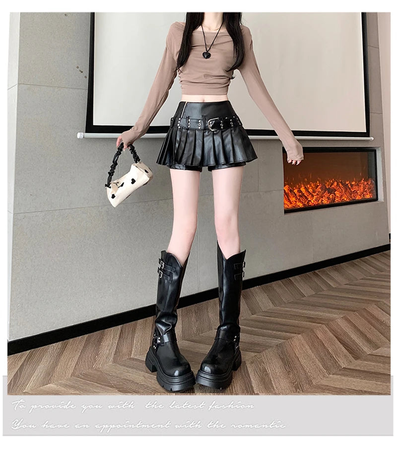 Women's Black Gothic A-line Pleated Leather Skirt Y2k Mini Shorts Skirts Harajuku Korean Emo Skirt 2000s Vintage Clothes Summer