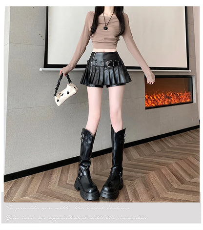 Women's Black Gothic A-line Pleated Leather Skirt Y2k Mini Shorts Skirts Harajuku Korean Emo Skirt 2000s Vintage Clothes Summer