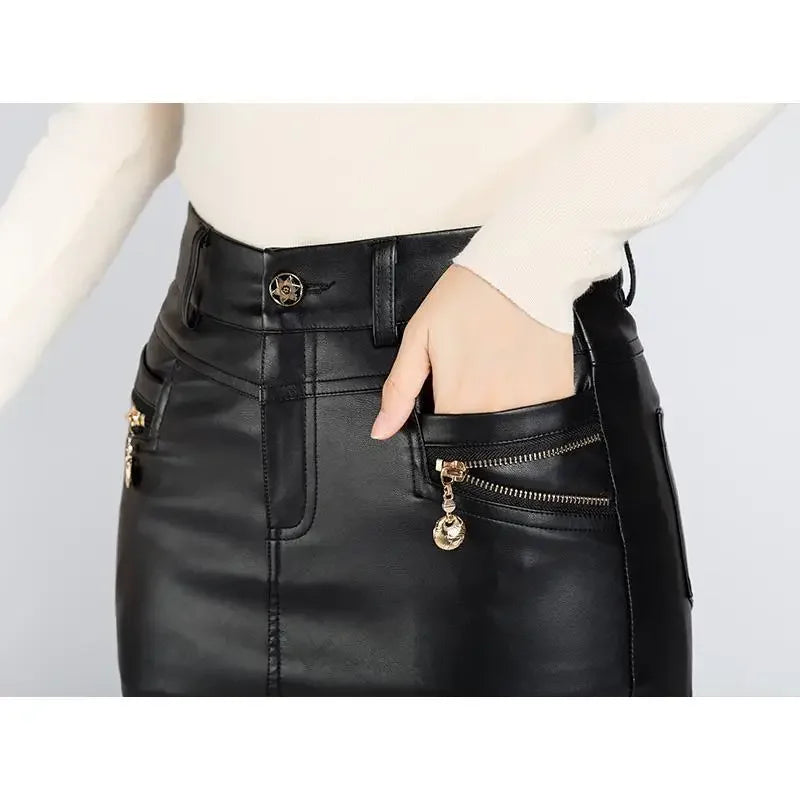 Simplee Sexy high waist PU leather skirt Autumn winter 2017 elegant zipper pocket short women skirt black mini skirt