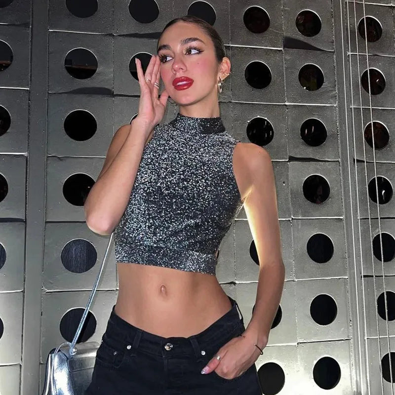 WhereMery Sexy Women Backless Tank Top Y2K Bling Glitter Sleeveless Bandage Crop Tops Summer Girl Fashion Streetwear Skinny Vest