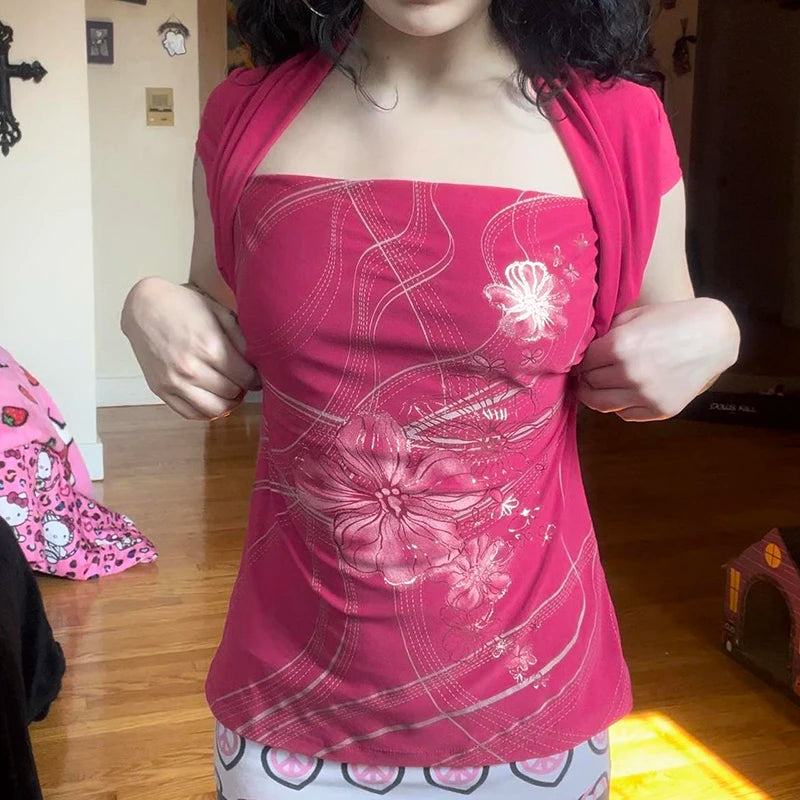 HEYounGIRL Y2K Floral Print Chic T-shirt Pink Vintage Short Sleeve Women Fitted Crop Top 2000s Outfits Fashion Summer Tee Shirts