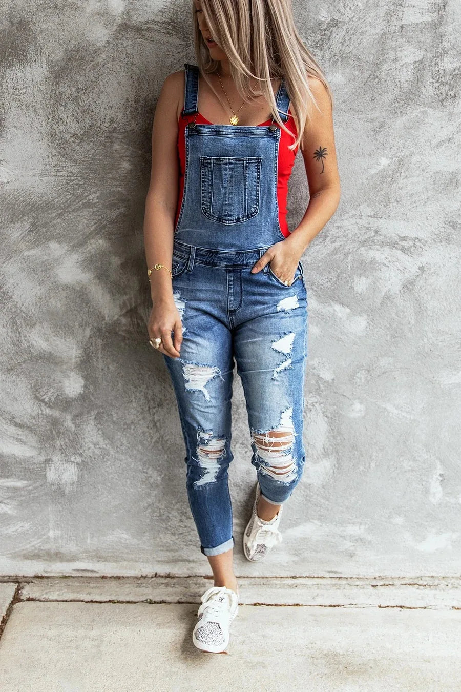 Denim Overalls Women 2023 Ripped Jeans Lady Jumpsuit Elastic Denim One Piece Pants Suspender Trousers Female Rompers Streetwear blue