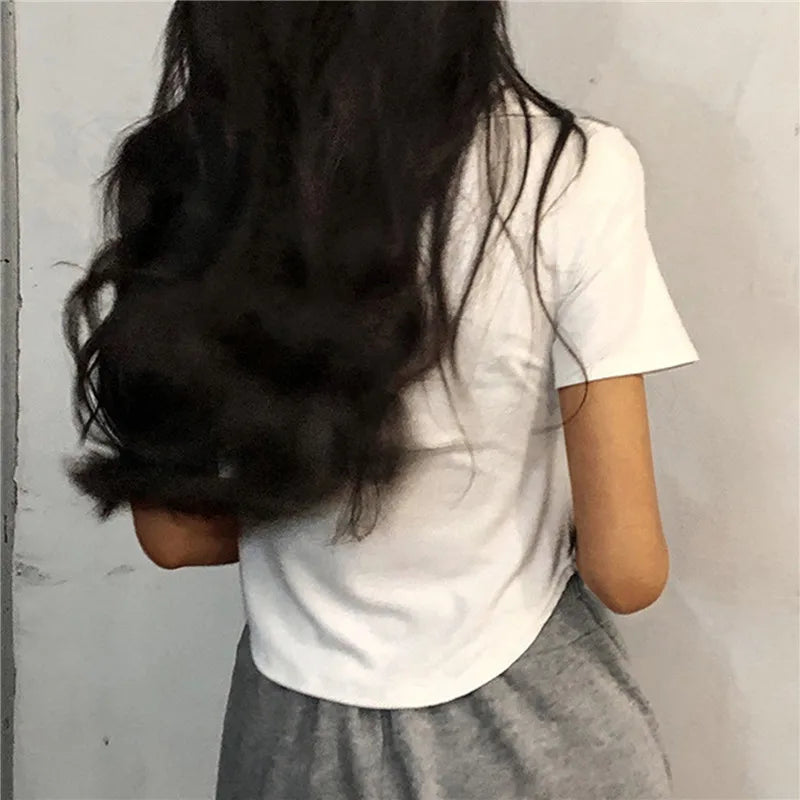 Summer Short Sleeve Lapel Top Women'S Solid V-Neck Pullovers Retro Sweet Shirts Hot Girl Crop Top Female Slim Versatile Tee