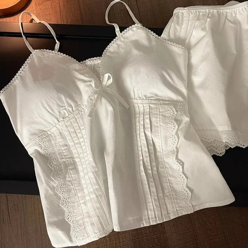 Lace Sleepwear Women Pajama Sets Spaghetti Strap Piiama Shorts Sets 2 Pieces Korean Night Wears Summer Cute White Home Suit 2025