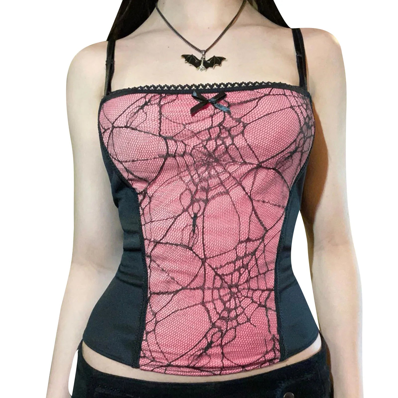 Gothic Cami Tops Y2K Aesthetic Grunge Mall Goth Crop Top Mesh Spider Net Lace Tank Lace Top E-girl Harajuku Slim Tees Pink