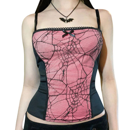 Gothic Cami Tops Y2K Aesthetic Grunge Mall Goth Crop Top Mesh Spider Net Lace Tank Lace Top E-girl Harajuku Slim Tees Pink