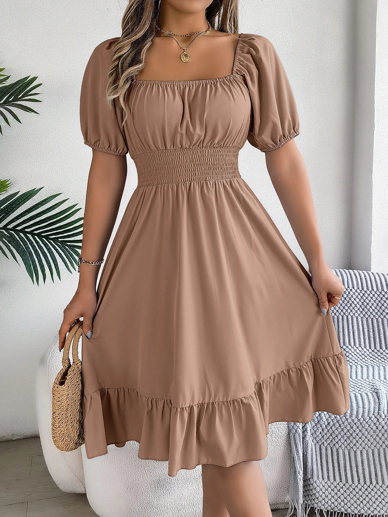 Women's MIidi Dresses 2024 Summer Casual Square Neck Short Sleeved Waist Ruffle Edge Dress Dress Women Elegant Платья Женские Badiee Stylez