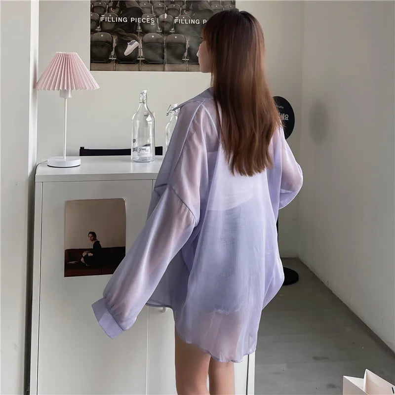 Semi Sheer Long Sleeve Shirt for Women Shimmer Button Down Collared Plain Lightweight Shirt Spring Summer Chic Tops Outfit