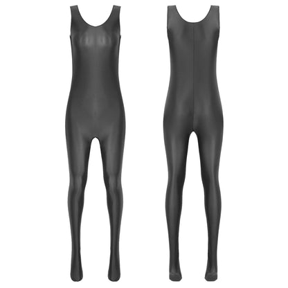 Women Glossy Stretchy Jumpsuit Pantyhose Bodysuit Solid Color Sleeveless Bodystocking Club Rave Pole Dancing Costume Clubwear