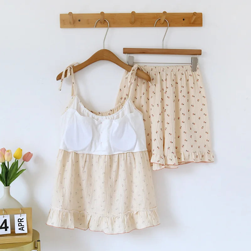 2025 Japanese Summer New Women's Pajama Set 100% Cotton Crepe Cloth Ladies Suspender+Shorts Two Piece Home Furnishing Set