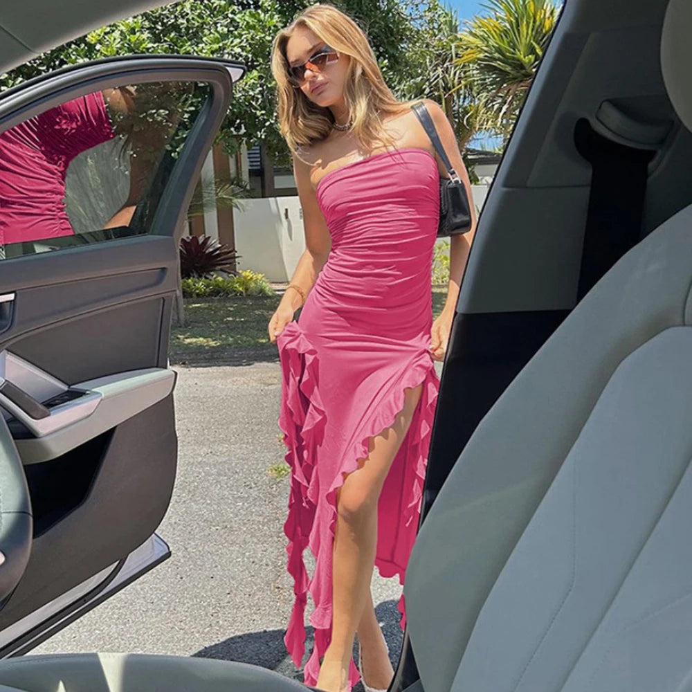 WonMiracle Elegant Strapless Dress Women Irregular Tassel 2024 Summer Trend Skinny Split Maxi Bodycon Party Dress For Women