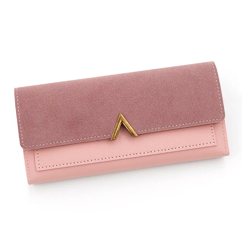 New Korean version women's wallet long V-shaped buckle three fold wallet for women, hand-held bag, change card bag Pink