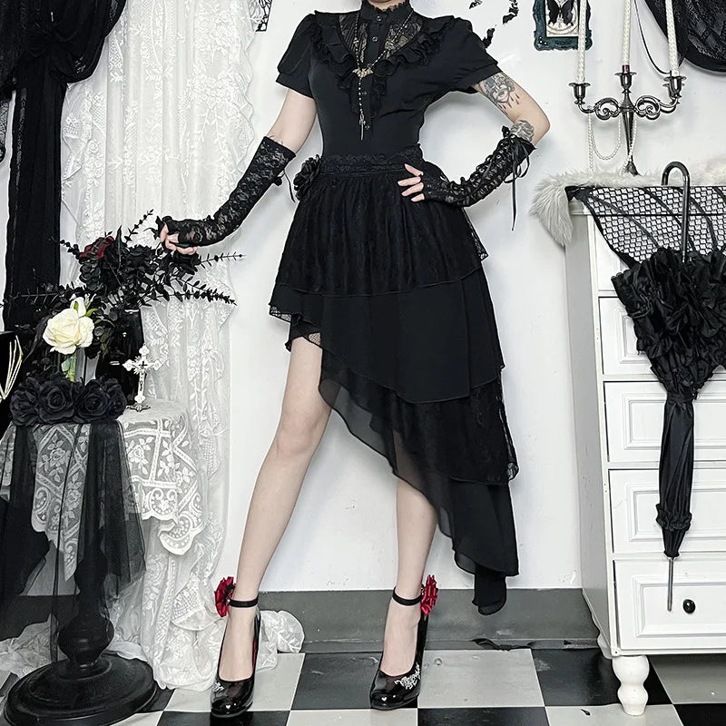 Harajuku American Fashion Gothic Black Irregular Layer Spliced Layered Skirt Women's Summer Fashion Street Y2K Long Skirt