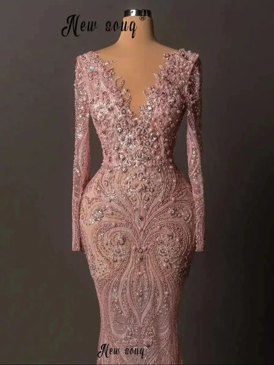 Customized Deep V Neck Dusty Pink Prom Dresses Beaded Lace Long Sleeve Wedding Party Gowns Bridal Wear Wedding Dresses Luxury Badiee Stylez